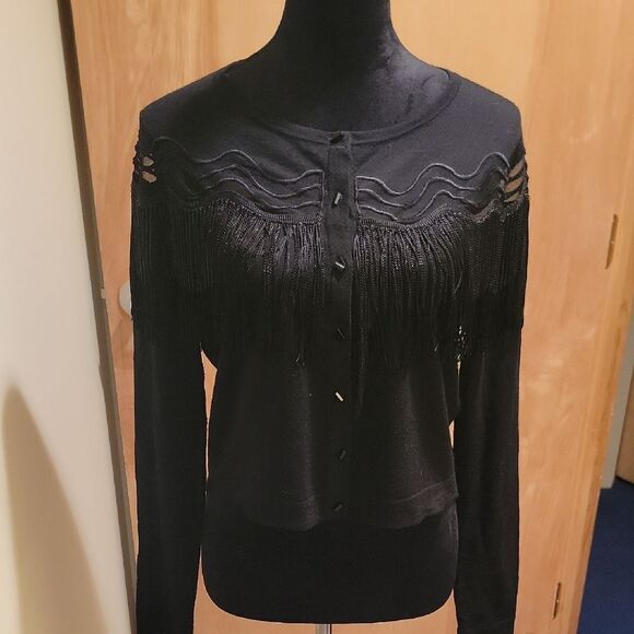 Elie Tahari Chic Black Fringe Cardigan sz med - Picture 1 of 9